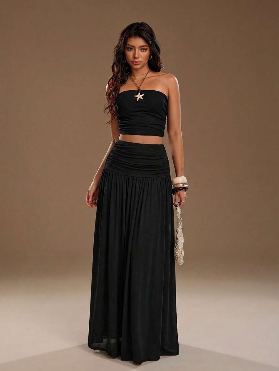 SHEIN PETITE 女士网纱纯色抹胸上衣和长裙两件套 - 黑色 - 查看 1