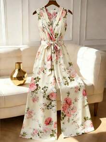 Franclia 女士碎花连体裤，阔腿设计，收腰，优雅时尚 - 杏色 - 查看 1