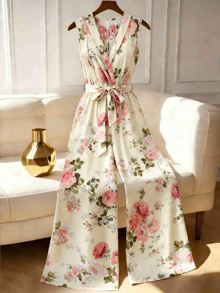 Franclia 女士碎花连体裤，阔腿设计，收腰，优雅时尚 - 杏色 - 查看 1