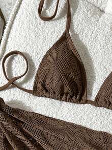 Swim Vcay Bộ bikini 3 mảnh dành cho nữ, họa tiết lá, kiểu cổ yếm, hở lưng, gợi cảm, thích hợp cho kỳ nghỉ biển. - màu nâu - Xem 5