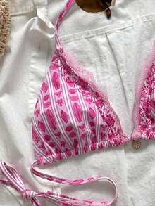 Swim Mod Women's 2-Piece Bikini Set Set, Sweet Pink Floral & Striped Print, Lace Trim Halter Neck Bikini Swimwear Set, Summer - Pink - View 3