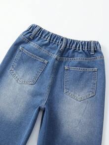Quần jeans ống rộng cho bé gái, phong cách Y2K, màu xanh nhạt cổ điển, cạp cao, chun co giãn, ống suông rộng, thêu sao 3D, phù hợp cho các lễ hội âm nhạc, kỳ nghỉ, lễ tốt nghiệp, mặc hàng ngày, quần jeans đa năng thời trang mới cho bé gái. - Rửa tối - Xem 8