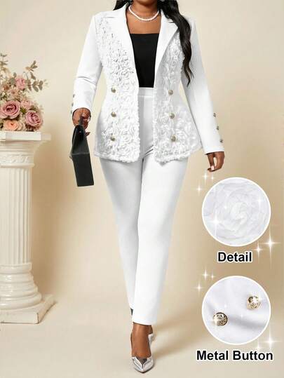 Fleurora Spring And Summer White Sets Plus Size Elegant Notched Collar Double-Breasted Suit Jacket And Pants Set, Suitable For Commuting Plus Size Puffy Women Suit Sets Pant Suit Set Plus 2 Piece Sets Woman Classy Elegant 2 Piece Set Blazer Set For Women Valentine's Day White Set For Women White Suits For Woman Set Outfit For Women Elegant White Matching Set Formal Sets