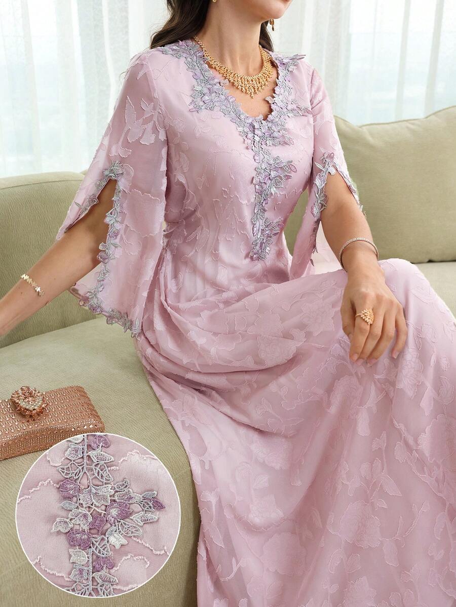 Yasmyna Đầm xòe cổ chữ V, thêu hoa, tay áo màu hồng, thắt eo, dáng thanh lịch, in họa tiết hoa dành cho nữ.