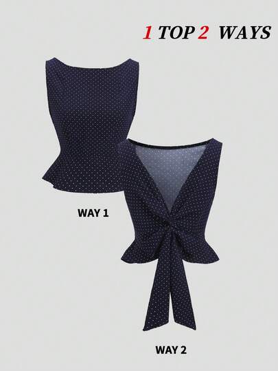 Sunnyshic Vintage Navy Blue Polka Dot V-Neck Bow Tie Backless Sleeveless Casual Vacation Versatile Spring/Summer New Blouse For Women