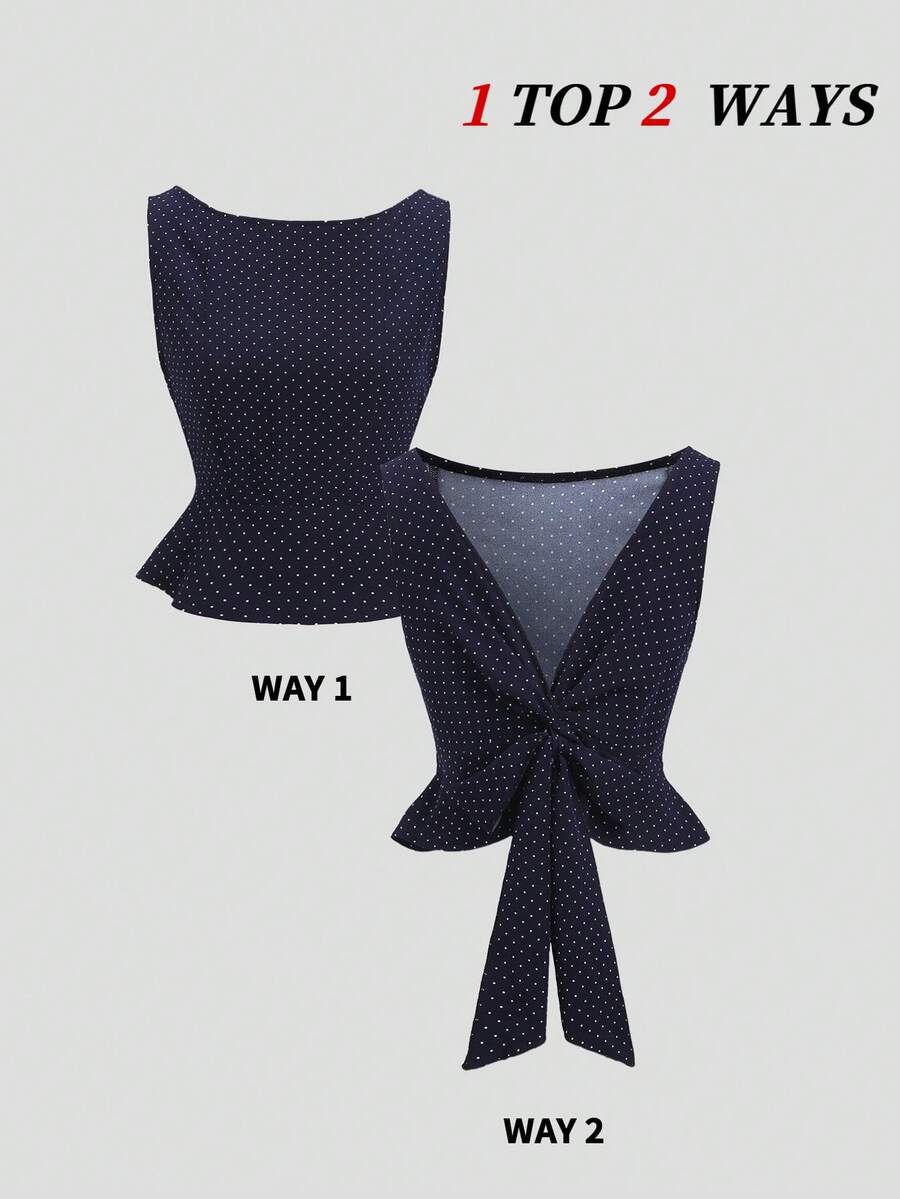 SHEIN Unity 复古藏蓝色波点V领蝴蝶结露背无袖休闲度假百搭春夏新款女式衬衫 - 藏蓝色 - 查看 1