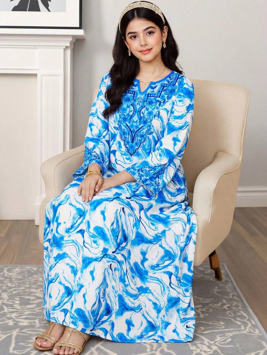 SHEIN Teen Girl Elegant Geometric Pattern Floral Print Notch Neck Long Sleeve Long Maxi Dress - Blue and White - View 1