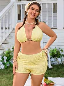 Swim Mod 大码女式三件套抽绳三角内裤和高腰短裤休闲泳装套装 - 黃色 - 查看 3