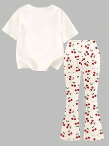 SHEIN 复古可爱樱桃印花卡通图案圆领短袖上衣和喇叭裤两件套，适合夏季，休闲时尚的儿童外出服，韩版风格，返校季穿着舒适自在。 - 彩色 - 查看 3