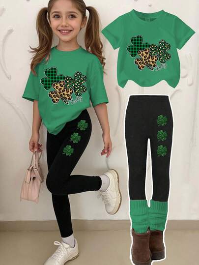 1 Set Conjunto informal y elegante para niñas con camiseta de manga corta con gráficos de trébol, leopardo y corazón, y leggings para el Día de San Patricio, atuendo festivo para salidas, fiestas y ocio