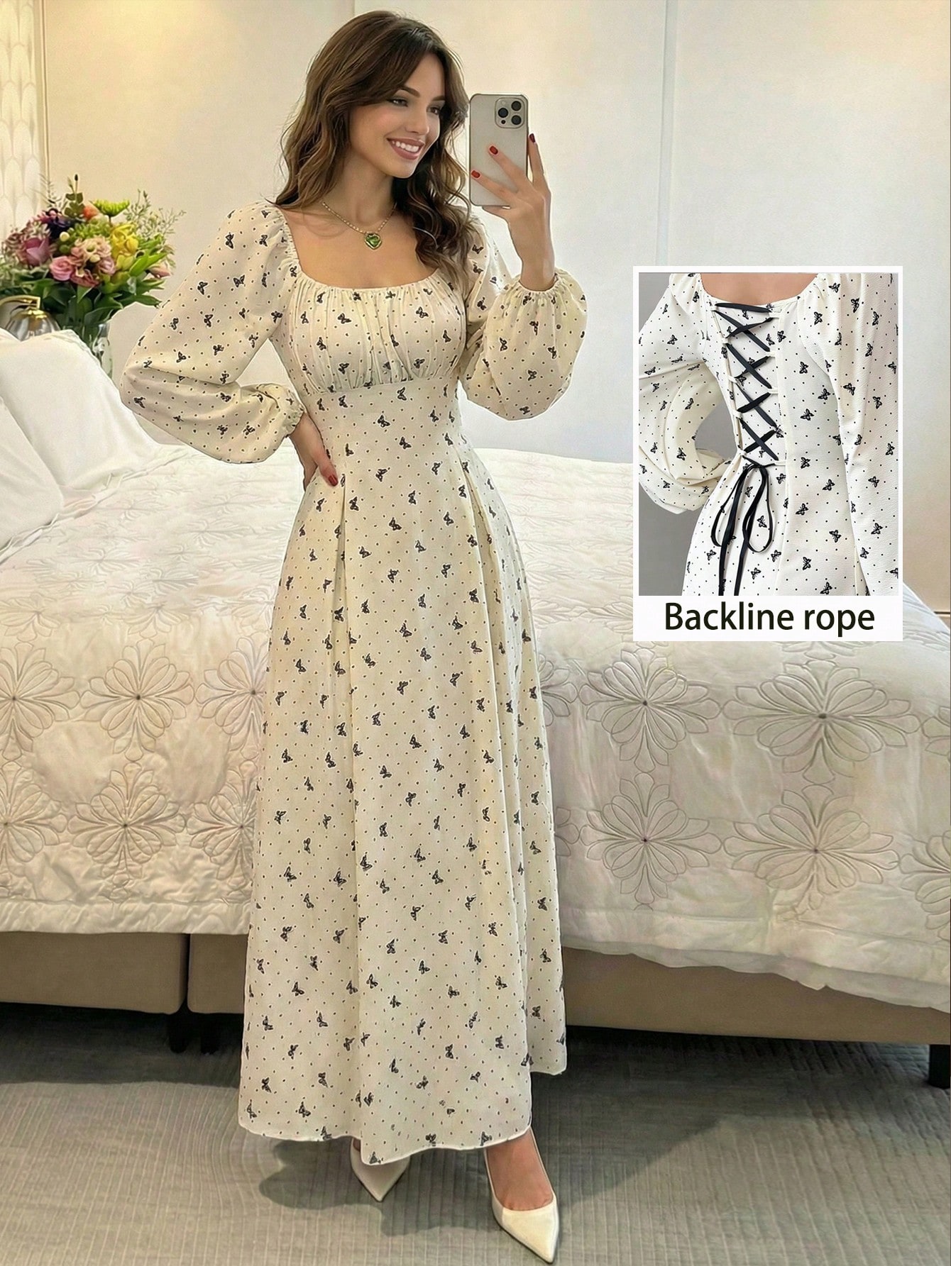 Mulvari فستان أنيق بأكمام طويلة وخصر مربوط بطبعة ا...