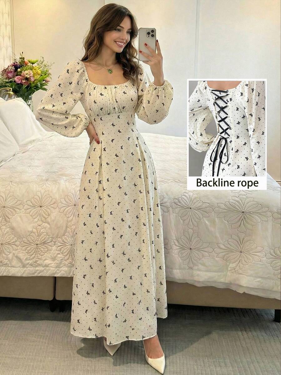 Modelyn Women's Apricot Bow Print Woven Cinched Waist Long Sleeve Elegant Dress - Apricot - View 1