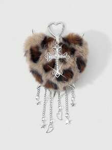 ROMWE Kawaii 1 Y2k 甜美酷炫复古个性时尚朋克棕色豹纹虎纹动物纹毛绒爱心铆钉水钻镂空十字架装饰链翅膀星星吊坠 DIY 钥匙扣配件包包挂件，适合女孩和女士日常佩戴，节日礼物 - 棕色-53 - 查看 9