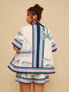 Travachic 大码休闲度假热带波西米亚风水果植物印花不对称短袖衬衫上衣+沙滩短裤两件套女装 - 彩色 - 查看 2