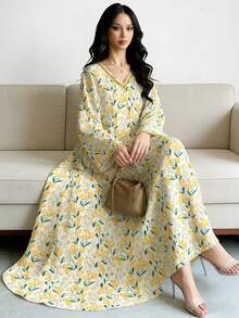 SHEIN Najma Đầm maxi dài tay cổ chữ V in hoa màu vàng, kiểu dáng thanh lịch Ả Rập, thích hợp cho mùa xuân/hè, đi nghỉ mát và mặc hàng ngày. - Nhiều màu - Xem 4