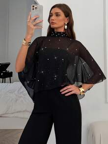 Elenzga New Elegant Sheer Sequin Chiffon Pearl Sequin Capelet Top + Fashionable Adjustable Strap Flared Zipper Jumpsuit Two Pieces Set, Women's Suit, Suitable For Fashionable Female Styling - Black - View 4