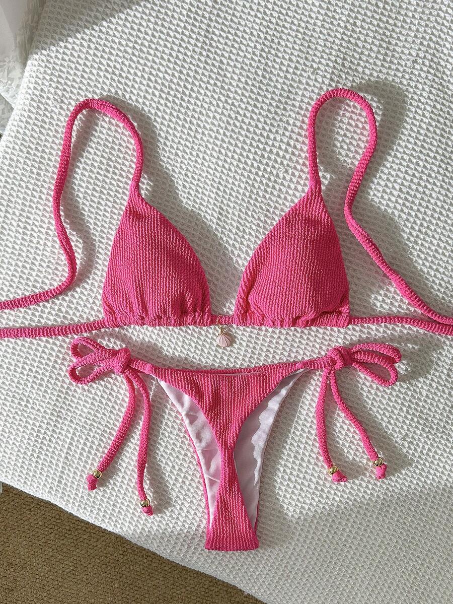 Swim Mod 女士提花面料露背金属装饰性感比基尼套装 - 玫紅色 - 查看 1