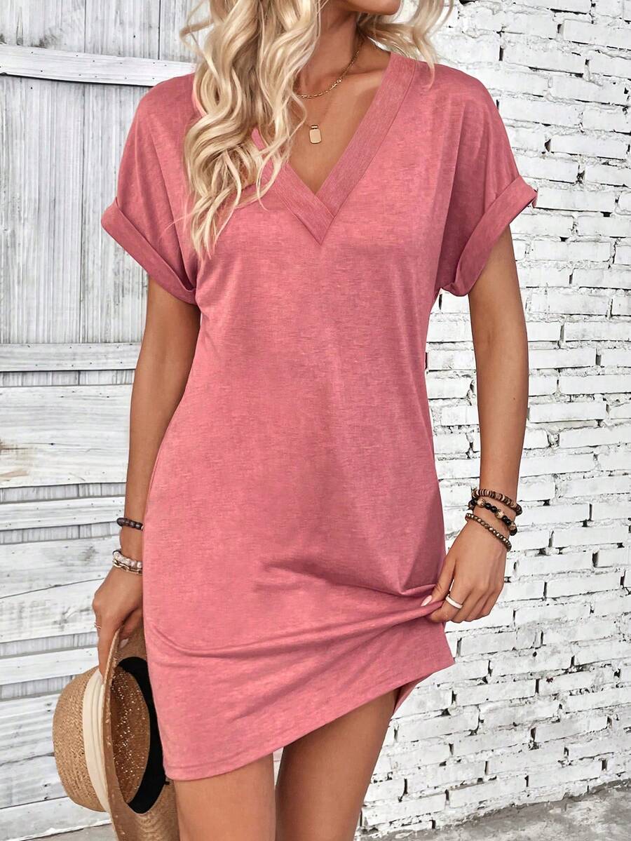 EMERY ROSE Women's Solid Color V-Neck Short Sleeve Casual Versatile Dress Vacation Dusty Pink Summer - Pink - View 1