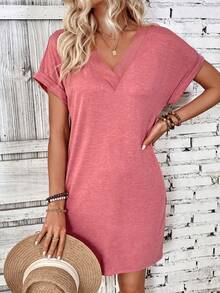 EMERY ROSE Women's Solid Color V-Neck Short Sleeve Casual Versatile Dress Vacation Dusty Pink Summer - Pink - View 3
