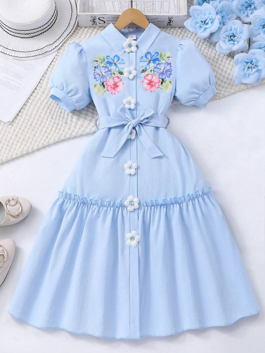 SHEIN Vestido con estampado floral, cuello, manga abullonada, parte delantera abierta y cinturón para niñas - Azul - Ver 1
