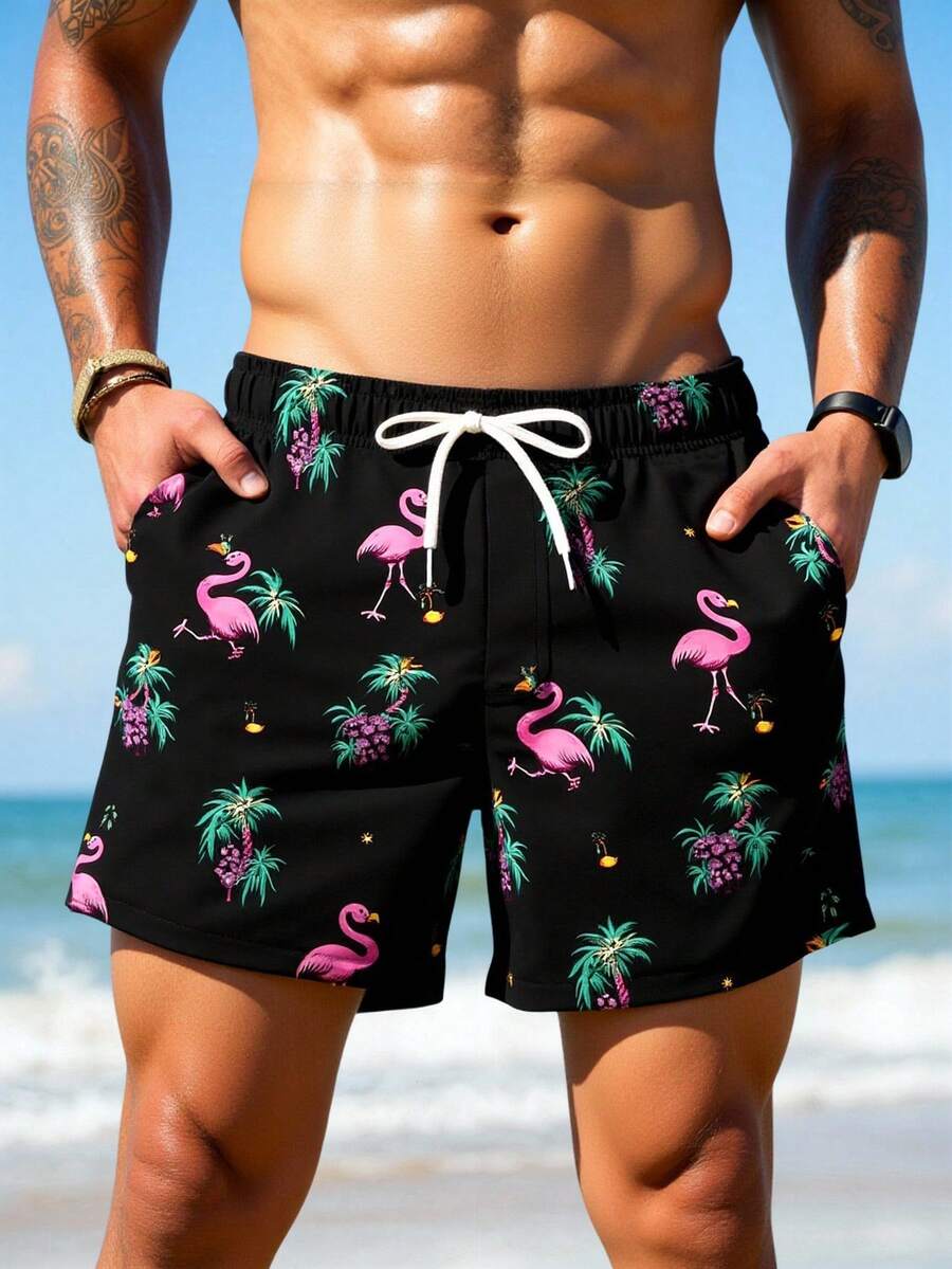 Manfinity Swimmode Men's Casual Printed Beach Shorts - Black - View 1