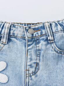 Jeans de pierna ancha con lavado desgastado, estampado de flores y efecto de flocado de copo de nieve, estilo años 90 para niña - Lavado ligero - Ver 8