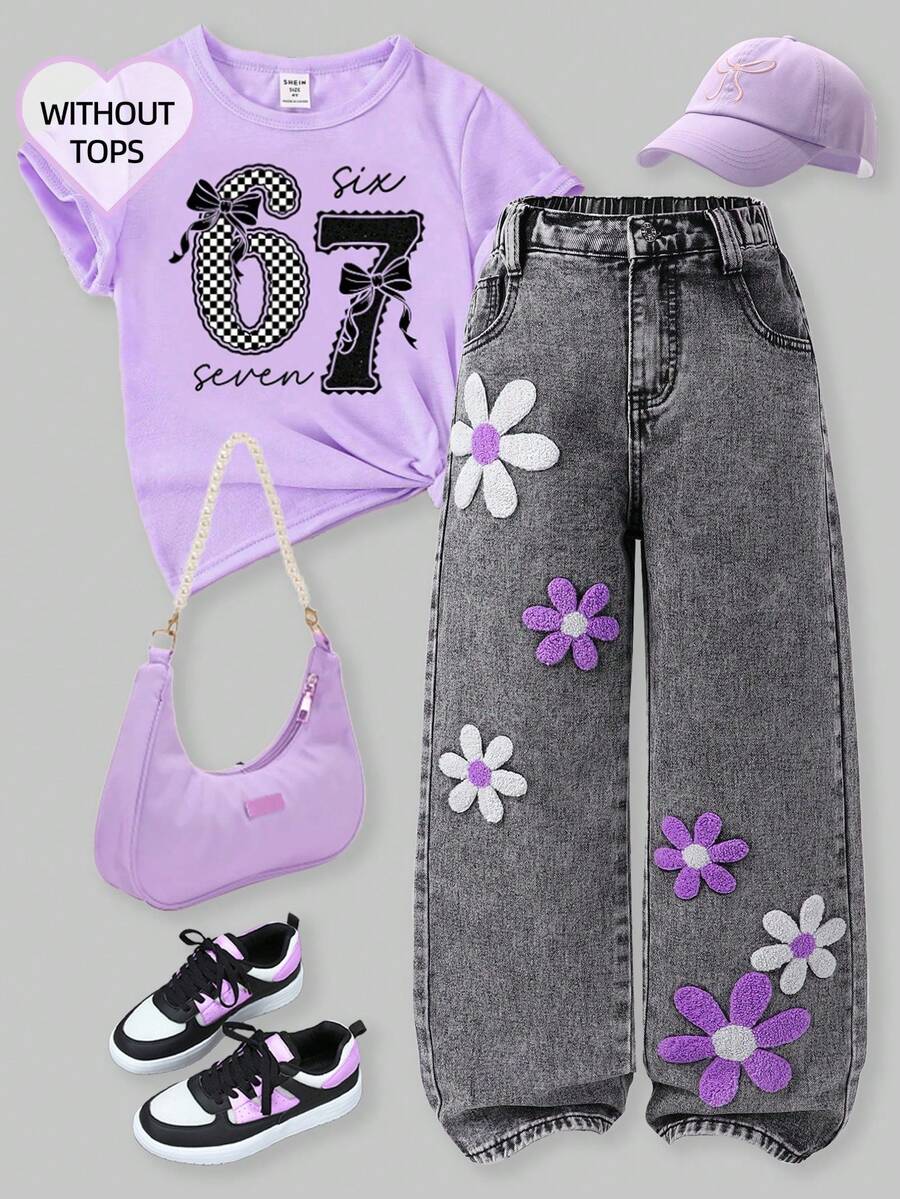 SHEIN ChillGRL Tween Girl Fashion Snowflake Washed Embroidered Wide Leg Jeans, Suitable For Autumn/Winter Casual Outings, School, Commute, Parties, Home, Vacation, Back To School Season Y2k 90s 70s Full With Flower Pants Stylish Denim Jeans - Light Grey - View 1