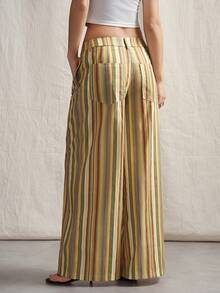 SHEIN ICON Maillard gelbe Kontrast gestreifte Weite Bein Hose, Lässig Outdoor Outfit für Herbst/Winter - Verschiedenfarbig - Übersicht 2