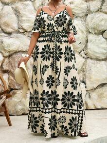 SHEIN Lady 春夏优雅通勤办公休闲波西米亚风休闲外出彩色针织吊带蓬蓬裙腰带吊带连衣裙长款短袖大码连衣裙 - 黑色 - 查看 4