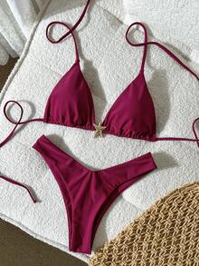 Swim Mod Bikini Halter Merah Polos Wanita dengan Detail Tali di Belakang dan Bagian Bawah Potongan Tinggi untuk Tampilan yang Menawan - Merah - View 1
