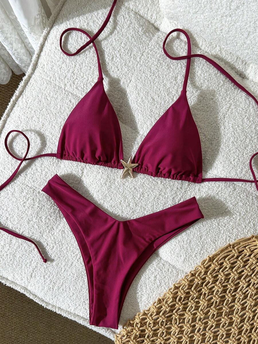 Swim Mod Bikini Halter Merah Polos Wanita dengan Detail Tali di Belakang dan Bagian Bawah Potongan Tinggi untuk Tampilan yang Menawan - Merah - View 1