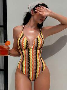 Bonvoyette Women's Beaded Decor V-Neck Sexy One-Piece Swimsuit, Beach Vacation - Multicolor - View 1