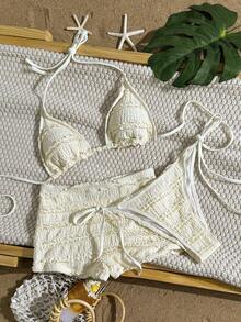 Swim Mod 3pcs Women's Solid Color Textured Fabric Tie-Neck Bikini Set, Summer - Apricot - View 1
