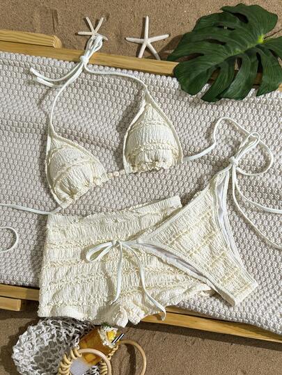 Swim Mod 3pcs Women's Solid Color Textured Fabric Tie-Neck Bikini Set, Summer