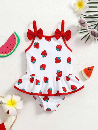 SHEIN Baby Girl Strawberry Print Bow Decor Ruffle Trim Swimsuit
