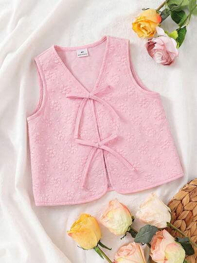 SHEIN X Scheana Young Girl Summer Holiday Boho Bow Decor Textured Floral Pattern Tank Top