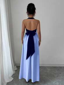 SHEIN Raffinéa Contrast Color Halter Backless Bow Tie Sleeveless Dress, Casual Resort Style For Women - Blue - View 2