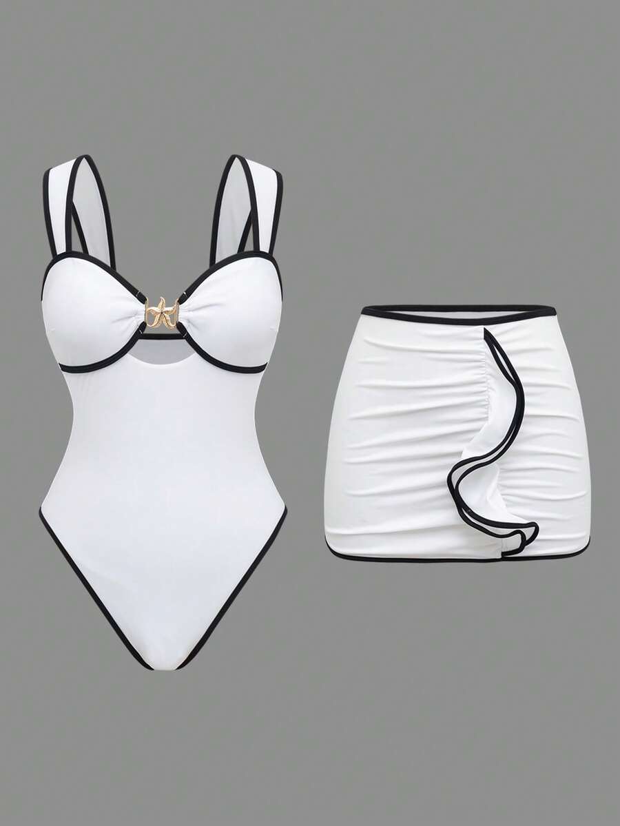 Swim Oasis 夏季沙滩女士度假纯色黑白拼接连体泳衣，高开衩设计，显瘦塑形，金色点缀性感吊带裙两件套 - 黑與白 - 查看 1