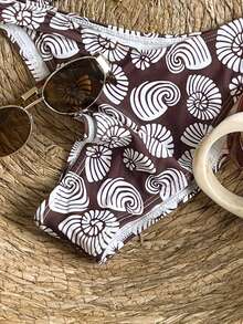 Swim Vcay Damen 2-teiliges Bikini-Set, süßer Muschelprint, vorne Metall-Muschelanhänger, Bikini-Badeanzug-Set, Sommer - Braun - Übersicht 5