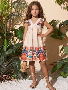 SHEIN Young Girl Ditsy Floral V-Neck Ruffle Hem Casual Dress - Apricot - View 1
