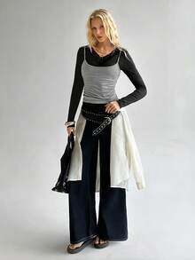 TRNVIE 1件女士简约V领蕾丝拼接长袖紧身T恤，白色，百搭圣诞及冬季春季蕾丝边上衣蕾丝内搭长袖女士休闲装女式长袖上衣批发服装 - 黑色 - 查看 6