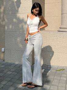 Flirla Celana Kasual Model Slim Fit Berlipit dengan Pinggang Elastis Warna Polos dan Potongan Mengembang - Grey - View 6
