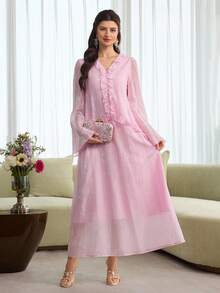 Yasmyna Women's V-Neck Ruffle Hem Casual Loose Party & Travel Dress - Pink - View 7