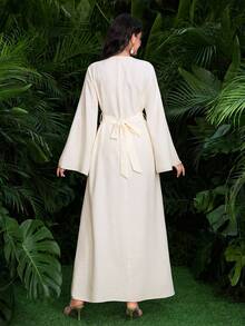 Al Najma Vestido modesto de estilo árabe con mangas largas, lazo y adornos de perlas, color albaricoque, para primavera/verano - Albaricoque - Ver 2