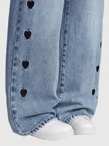 女童新款时尚甜心刺绣直筒宽松牛仔裤 - 深色水洗藍 - 查看 5