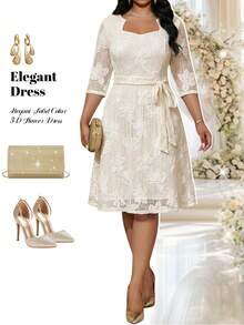 Fleurora White Summer Elegant Bachelorette Party Wedding Bridal Midi Dress,Plus Size Women Floral Embroidery Textured Asymmetrical Neck Belted 3/4 Sleeve Dress - Beige - View 1