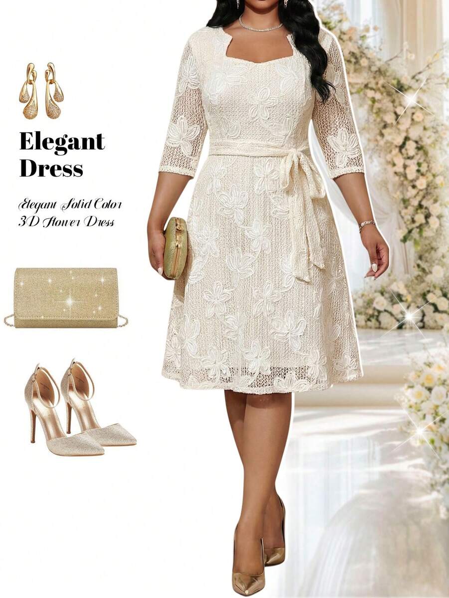 Fleurora White Summer Elegant Bachelorette Party Wedding Bridal Midi Dress,Plus Size Women Floral Embroidery Textured Asymmetrical Neck Belted 3/4 Sleeve Dress - Beige - View 1