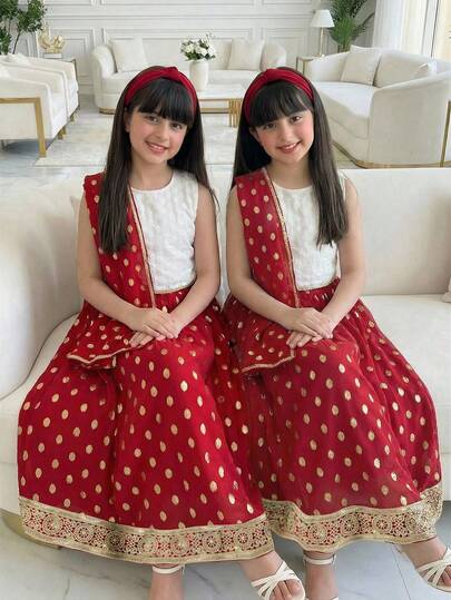 Young Girls Ivory Floral Textured Fabric Camisole Top And Red Foil Skirt 2 Pieces Set, Matching Shawl Headscarf, Middle Eastern Style Fashion Girls Partywear Lehenga For Kids Elegant Set For Girls