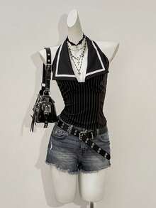 Jeanoix Striped Print Halter Backless Fitted Summer Fashion Sleeveless Shirt - Multicolor - View 1