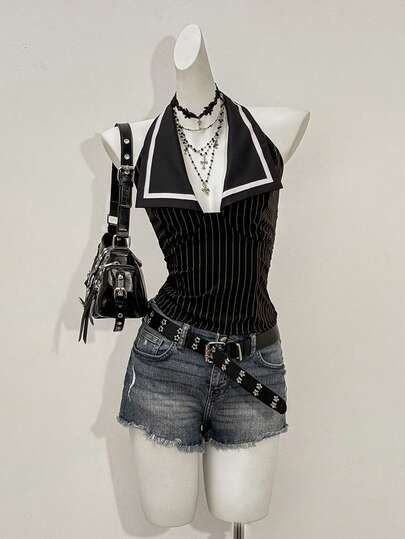 Jeanoix Camisa sin mangas de verano con estampado de rayas, ajustada y con escote halter y espalda descubierta